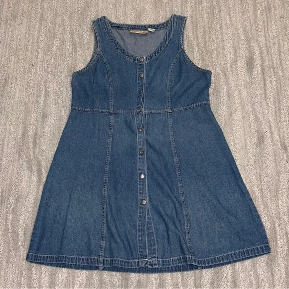 VTG Bugle Boy Snap Up Denim Mini Dress Sleeveless Scoop Neck 90’s Y2K Women’s 12 - Picture 3 of 7